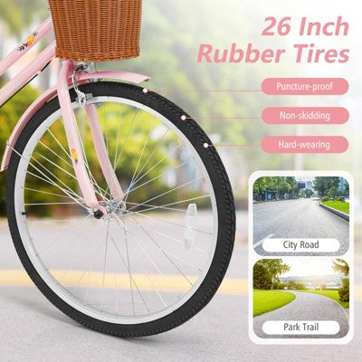 Costway 26-Inch Beach Cruiser Bike,with Adjustable Seat, Woven Basket & Rear Rack, Pink (LOCAL PICKUP ONLY)