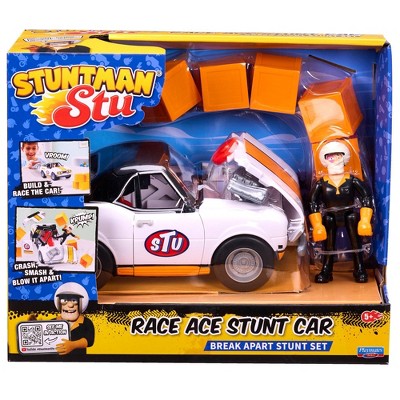 Stuntman Stu Race Ace Stunt Car Break Apart Stunt Set with Action Figure Pop-Off Parts and Crash Crates