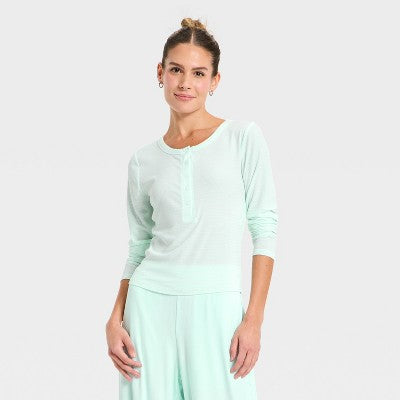 Women's Modal Ribbed Henley Long Sleeve Top - Mint Green S