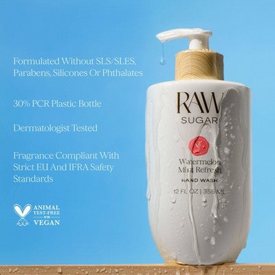Raw Sugar Gentle Hand Wash - Watermelon Mint Refresh - 12 fl oz: Vegan, Pump Bottle, For Normal to Sensitive Skin