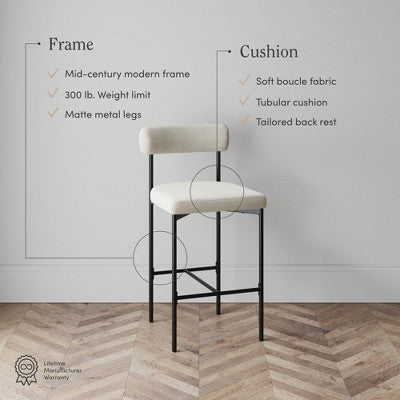 Nathan James Dahlia Counter Height Barstool Matte Black Metal Cream Boucle: Vegan Leather, Mid-Century Design, 300 lbs Capacity (LOCAL PICKUP ONLY)