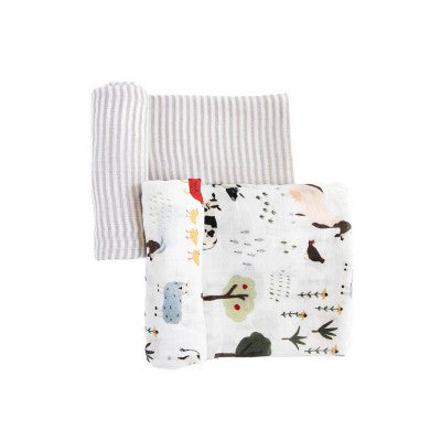 Red Rover Organic Cotton Muslin Swaddle Blanket - Family Farm - 2pk: Animal Prints, 44" x 44"