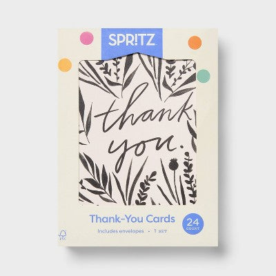 24ct Black/White Floral Thank You Notes Card Set with Envelopes Blank Inside - Spritz