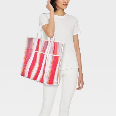 Mesh Packable Tote Handbag - Shade & Shore Pink Stripe: Unstructured Multi-Stripe Beach Bag