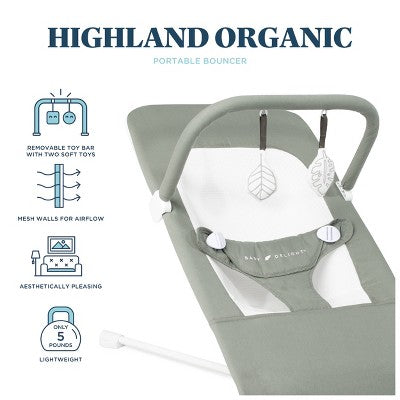 Baby Delight Highland Portable Bouncer - Organic Sage: Folds for Easy Transport, 3-Point Harness, Steel Frame