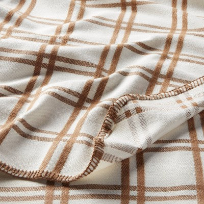 Full/Queen Brushed Cotton Blanket Ivory/Brown Plaid - Threshold