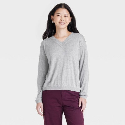Women's Fine Gauge V-Neck Pullover Sweater - A New Day Gray L