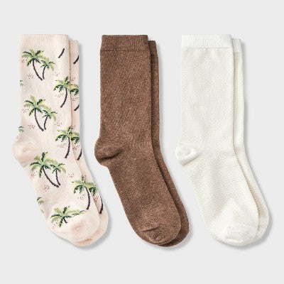Women's Palm Tree 3pk Crew Socks - A New Day Pink/Brown Heather/Ivory 4-10: Cotton Blend, Tagless, Smooth Toe Seams