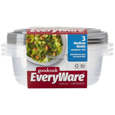 GoodCook EveryWare Round Bowls Food Storage Containers - 5 Cups - 6pcs/3ct - Gray