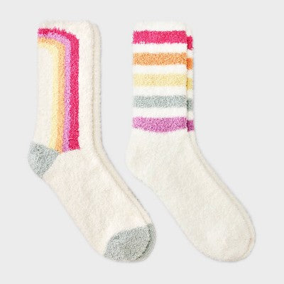 Women's Rainbow 2pk Cozy Crew Socks - Ivory/Rainbow 4-10