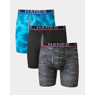 Hanes Premium Men's Xtemp Total Support Pouch Anti Chafing 3pk Long Leg Boxer Briefs - Blue/Gray/Black M