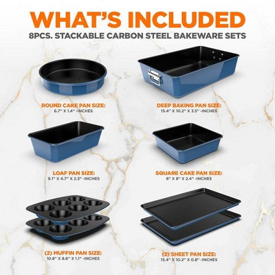 NutriChef 8-Piece Stackable Bakeware Set - Non-Stick Carbon Steel Baking Trays and Pans