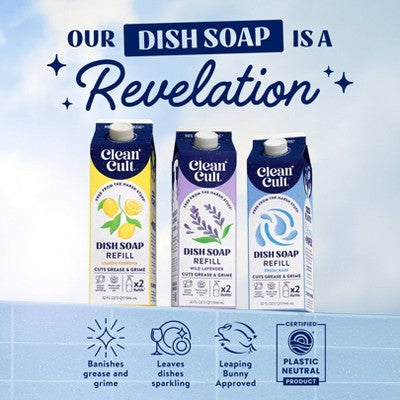 Clean Cult Liquid Dish Soap Refill - Fresh Rain - 32 fl oz: Carton, Removes Grease, Dissolves Food, Ceramic Application