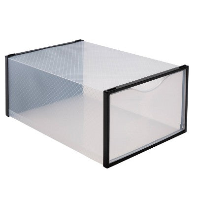Simplify Set of 12 Drop Front Shoe Box Black: Plastic Storage Drawers for Shoe Storage, No Assembly Required