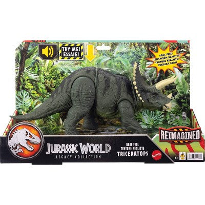 Jurassic World Reimagined Real Feel Triceratops Roaring Dinosaur Figure, 90s Inspired Toy
