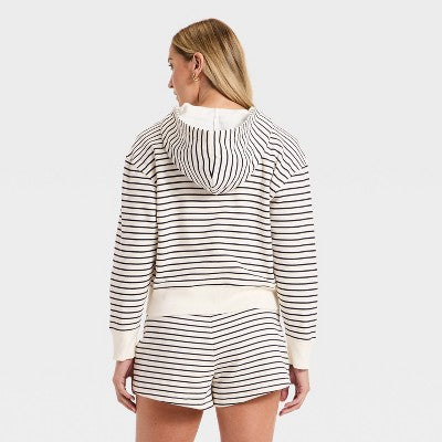 Women's Lace Up Hoodie Pullover Sweatshirt White Striped XS