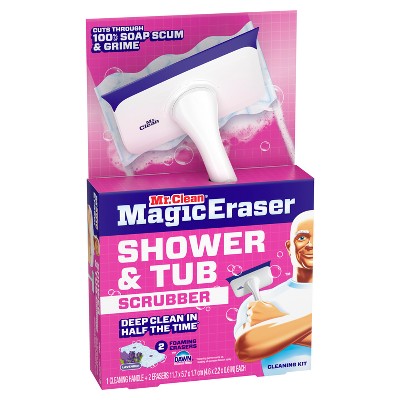 Mr. Clean Magic Eraser Shower & Tub Scrubber, Lavender Starter Kit, 1 Scrubber & 2 Erasers: Foam Cleaner, Multipurpose Application