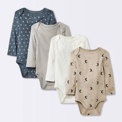 Baby 4pk Long Sleeve Moons Bodysuit - Cloud Island Gray 0-3M: Cotton Infant Apparel, Crotch Snap, Lap Shoulder Design