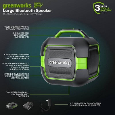 Greenworks POWERALL 24V Outdoor Bluetooth Portable Speaker with 2Ah Battery and Charger Green