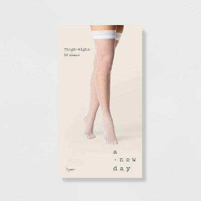 Women's 20D Sheer Thigh Highs - A New Day White M/L: Solid Knit Hosiery, Tagless, Closed Toe