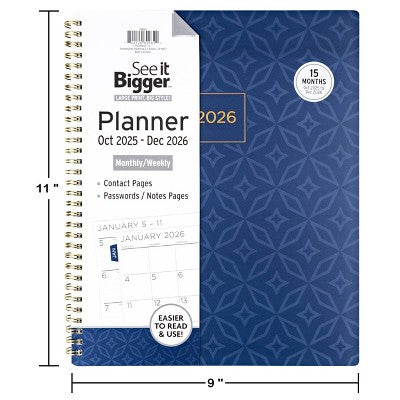 See It Bigger 2025-2026 15 Month Monthly/Weekly 9"x11" Planner Large