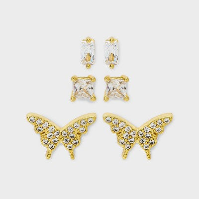 Rectangle and Square Butterfly Stud Earring Set 3pc - A New Day Gold: Brass, Sterling Silver, Cubic Zirconia