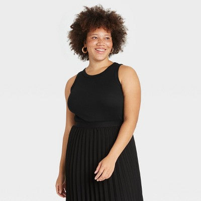 Women's Slim Fit Ribbed High Neck Tank Top - A New Day Black X