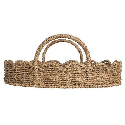 Household Essentials Round Handwoven Seagrass Tray with Scalloped Edge and Handles Natural: Decorative Brown Metal Platter