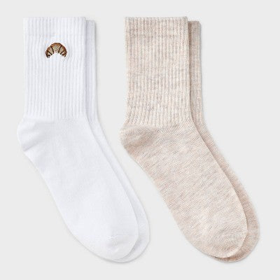 Girls' 2pk 'Croissant' Mid Crew Socks - art class White L: Recycled Polyester, Banded Cuff, Knit