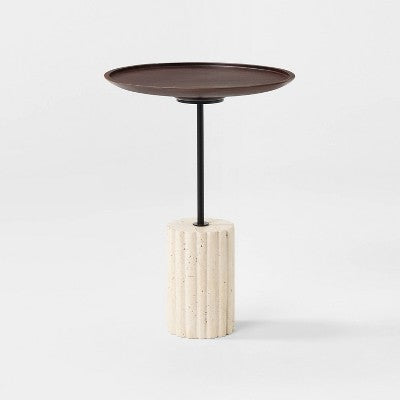 Round Side Table with Brown Top and Travertine Base - Threshold designed with Studio McGee (LOCAL PICKUP ONLY)
