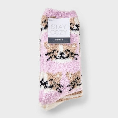 Women's Cats 2pk Cozy Crew Socks - Pink/Ivory 4-10