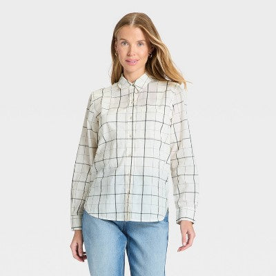 Women's Long Sleeve Collared Button-Down Shirt Cream Plaid L