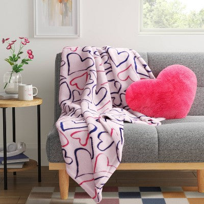 Recycled Poly Printed Outlined Hearts Plush Throw Pink/Blue - Room Essentials