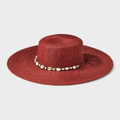 Straw Wide Brim Boater Hat with Shell Detail - Universal Thread Burgundy