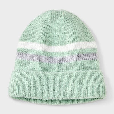 Girls' Striped Beanie Hat - Cat & Jack Aqua/White/Gray