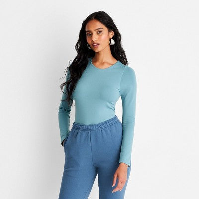 Women's Long Sleeve Seamless Bodysuit - A New Day Teal S