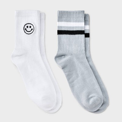 Kids' 2pk 'Smiley' Mid Crew Socks - art class L: Polyester Spandex Knit, Tagless, Figures Pattern