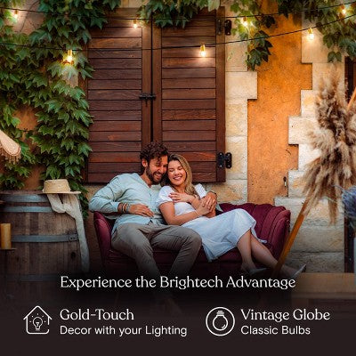 Brightech 12-Bulb LED Glow Antique Brass 1W 26ft 2700K G40 Indoor Outdoor Plug-in Orb and Globe String Lights Clear Bulb Black Wire