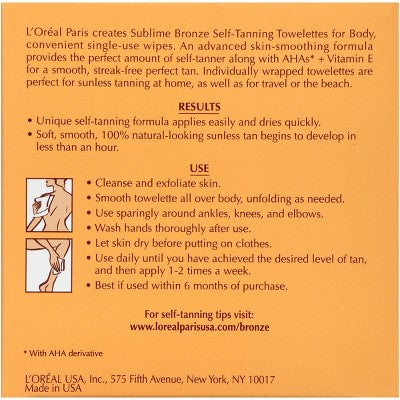 L'Oreal Paris Sublime Bronze Self-Tanning Towelettes Medium Natural Tan - 6ct