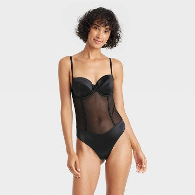 Women's Satin and Mesh Lightly Lingerie Bodysuit - Auden Black L