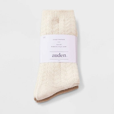 Women's Brushed Terry Lined 2pk Cozy Crew Socks - Auden White/Beige 4-10