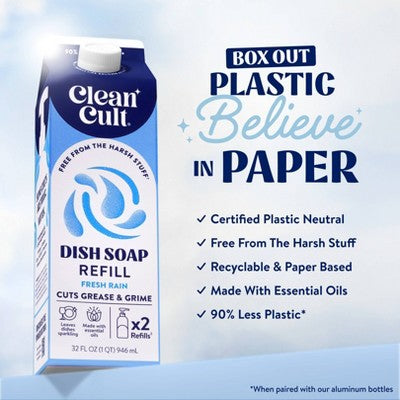 Clean Cult Liquid Dish Soap Refill - Fresh Rain - 32 fl oz: Carton, Removes Grease, Dissolves Food, Ceramic Application
