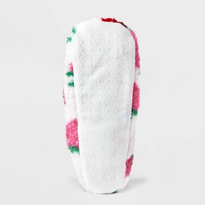 Women's Strawberry Print Cozy Fleece High Cut Pull-On Slipper Socks with Grippers - Ivory/Red S/M