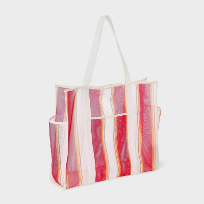 Mesh Packable Tote Handbag - Shade & Shore Pink Stripe: Unstructured Multi-Stripe Beach Bag