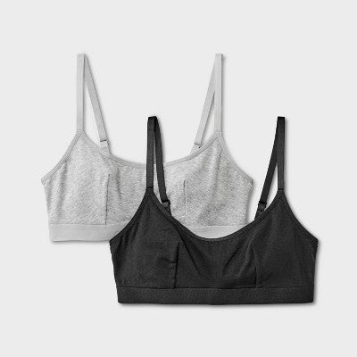 Women's 2pk Cotton Blend Scoop Back Bralette - Dealworthy Black/Heathered Gray XS: Adjustable Strap, Light Support