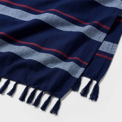 36"x72" Jacquard Lightweight Striped Oversized Beach Towel with Knotted Fringe Navy Blue - Room Essentials