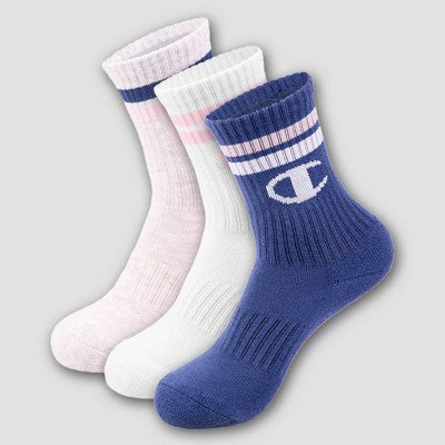Champion Girls' 3pk Crew Socks - Blue L