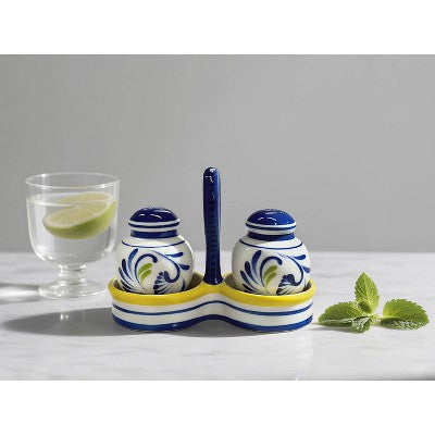 Muchoise Ceramic Salt & Pepper Shaker with Holder White/Blue