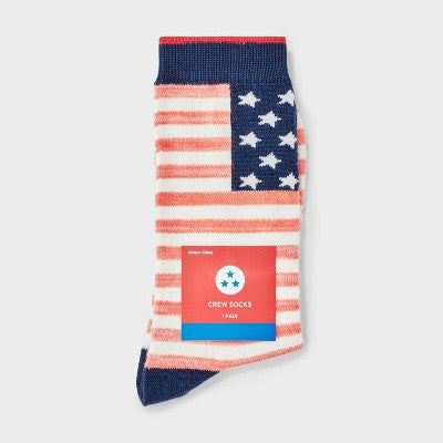 Women's American Flag Crew Socks - Red/Navy 4-10: Lightweight Knit, Banded Cuff, Stripe Pattern