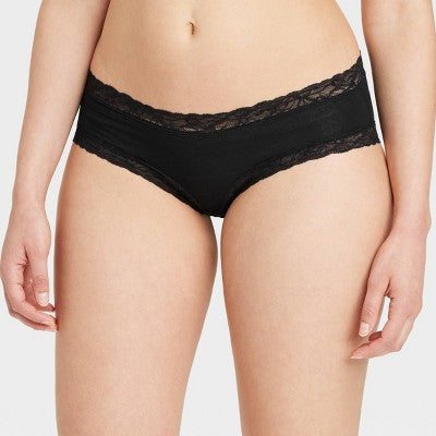 Women's Cotton Blend Hipster Underwear with Lace - Black M
